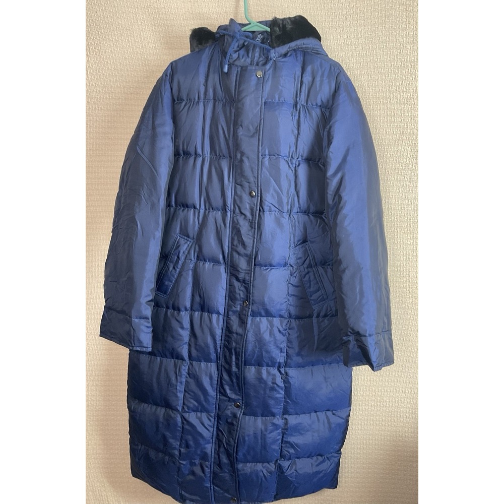SM2 Womens Size M To L Navy Blue Down Hooded Puffer Long Coat Faux Fur Trim